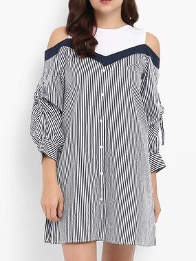 Cotton dress, navy blue and white stripped button down mini dress size medium